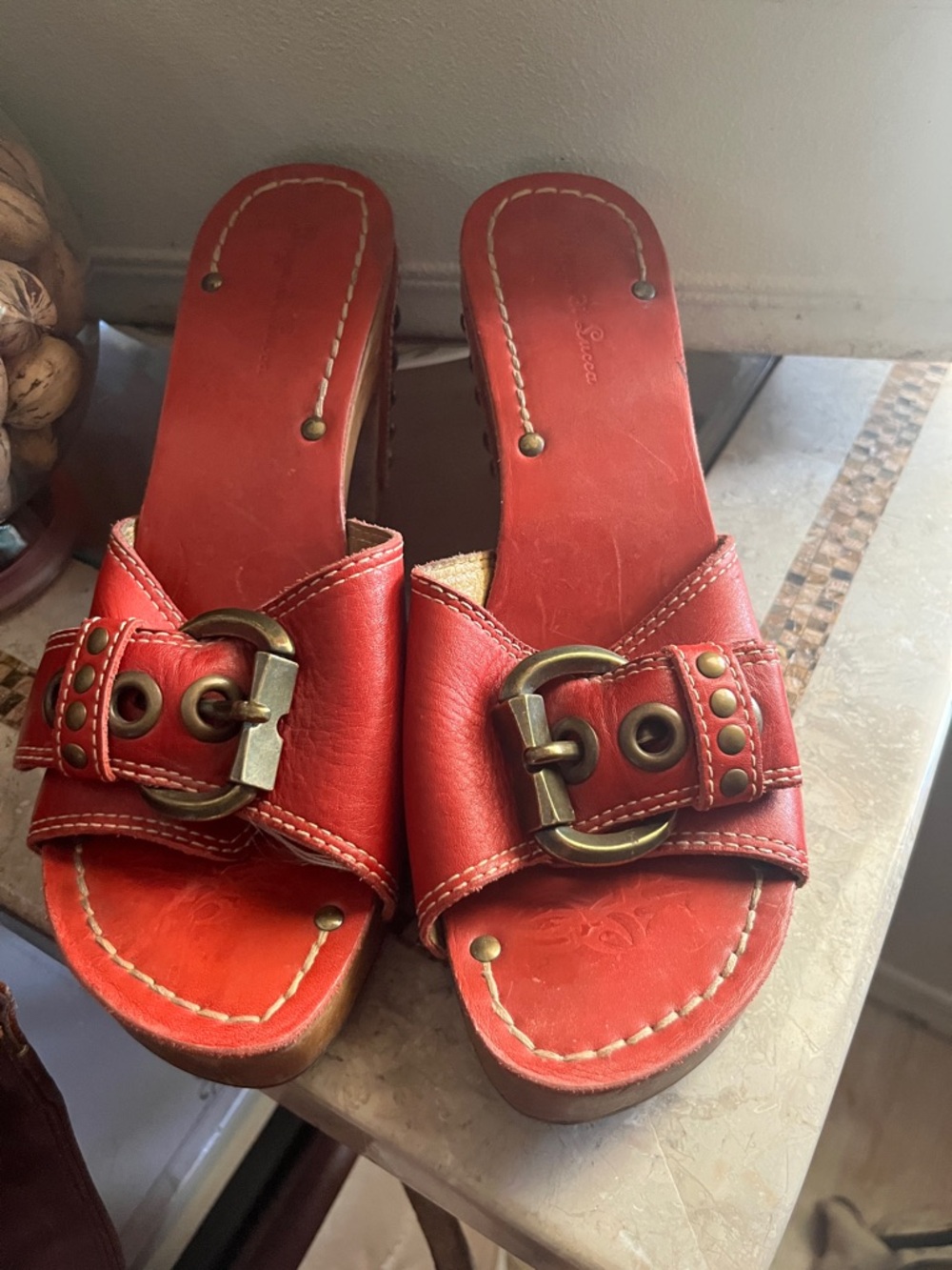 Diego di Lucca Red Leather and brass on wood base Studded Buckled rocker heels